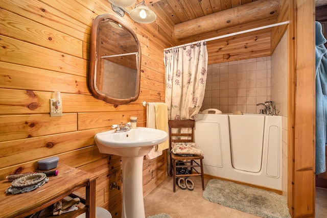 bathroom with a shower with curtain, a bathtub, wood ceiling, and wooden walls