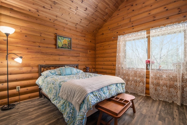 bedroom with dark wood-style flooring, wood ceiling, and vaulted ceiling