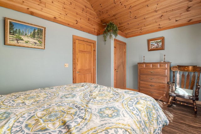 bedroom with lofted ceiling, wood finished floors, and wood ceiling