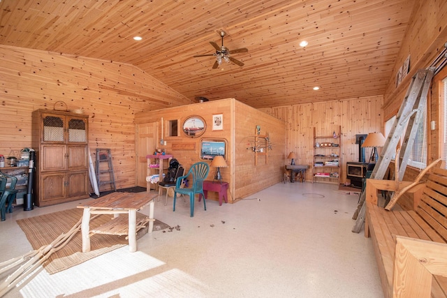 interior space featuring wooden ceiling, recessed lighting, wood walls, and ceiling fan