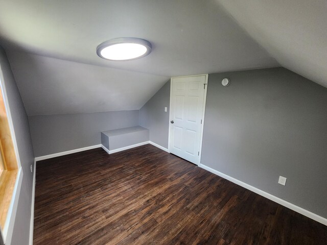 additional living space with baseboards, lofted ceiling, and dark wood-style floors