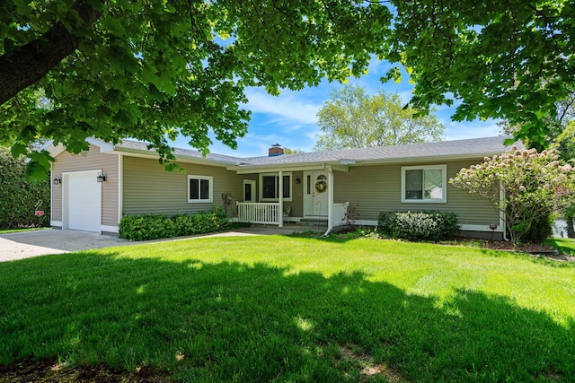 ranch-style house featuring a front lawn, a garage, and a chimney