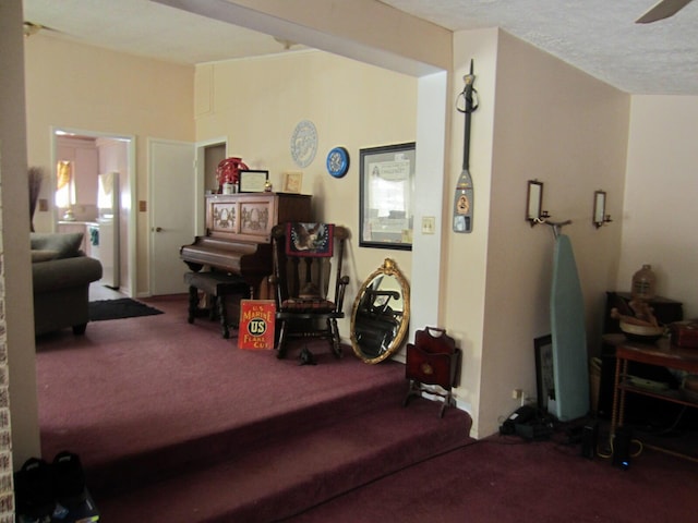 carpeted living area with vaulted ceiling and a textured ceiling