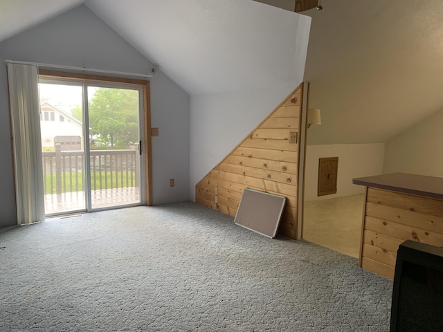 additional living space featuring vaulted ceiling and carpet