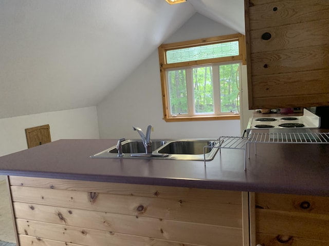 kitchen featuring vaulted ceiling and a sink