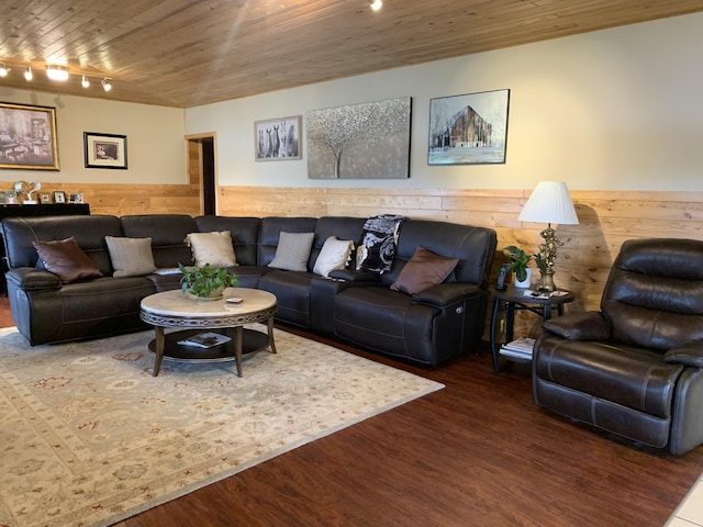 living room with a wainscoted wall, wood finished floors, wood walls, rail lighting, and wood ceiling