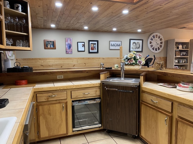 kitchen featuring wine cooler, tile countertops, wood ceiling, light tile patterned floors, and recessed lighting