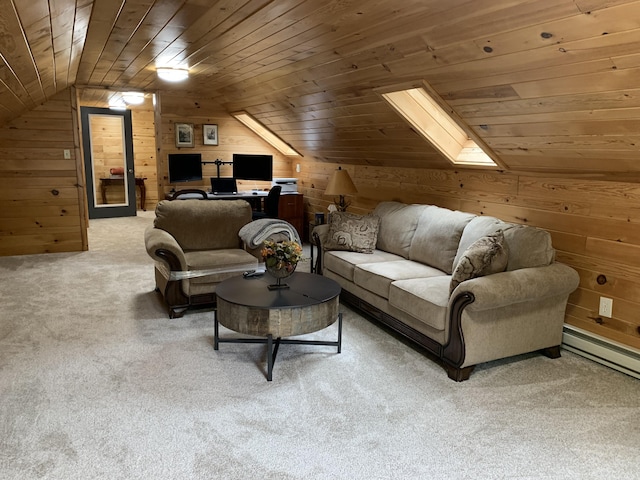 living area featuring light carpet, vaulted ceiling with skylight, wooden walls, baseboard heating, and wood ceiling