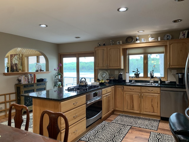 kitchen featuring light wood finished floors, recessed lighting, a peninsula, stainless steel appliances, and a sink