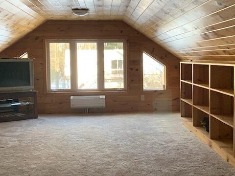 additional living space featuring wooden walls, a healthy amount of sunlight, wood ceiling, and lofted ceiling