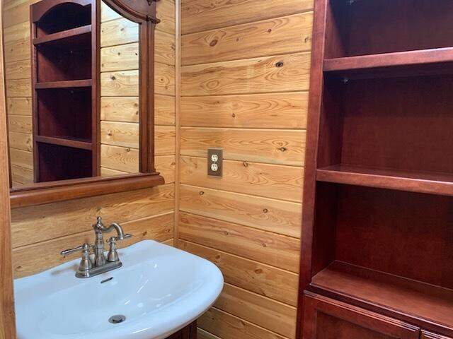 bathroom with a sink and wood walls