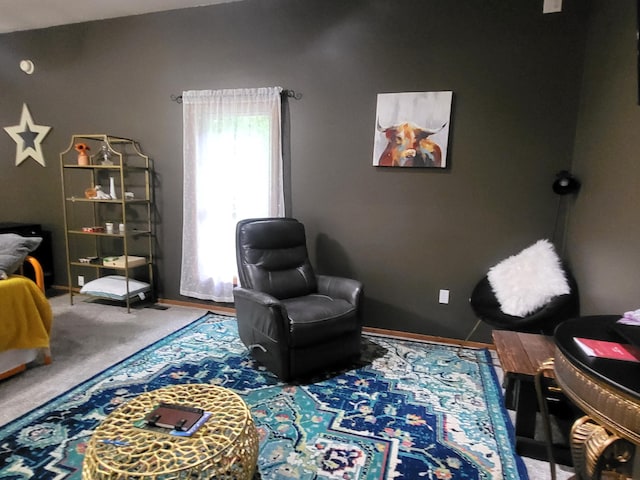 sitting room with baseboards and carpet