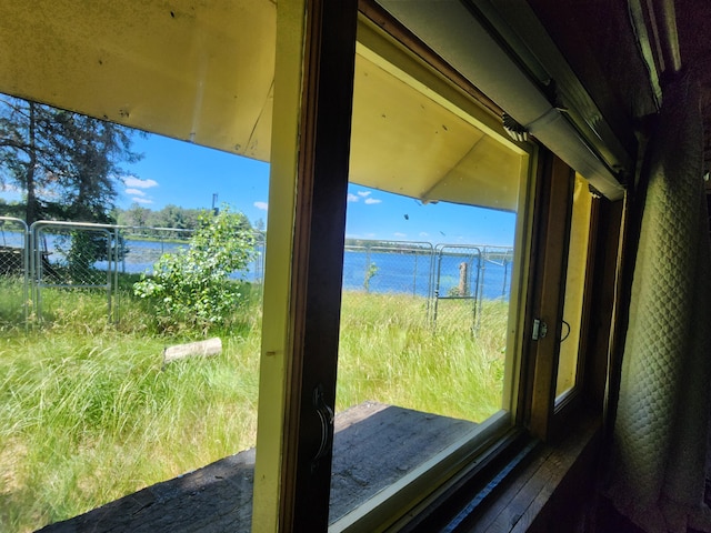 interior details with a water view