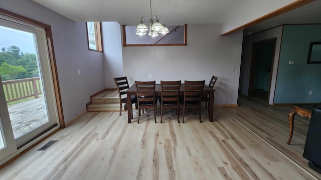 551 S US-23, Harrisville, MI 48740 - dining area with an inviting chandelier, wood finished floors, visible vents, and baseboards