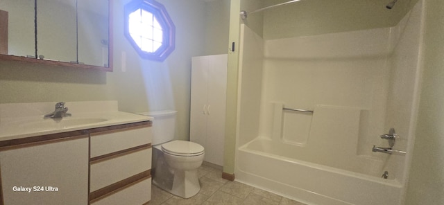 full bath with tile patterned floors, tub / shower combination, toilet, and vanity