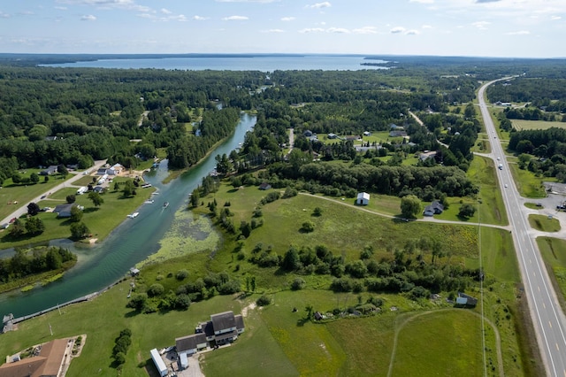 aerial view with a view of trees and a water view