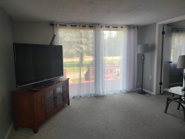 living area featuring baseboards, plenty of natural light, light colored carpet, and a textured ceiling