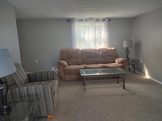 living room featuring baseboard heating, baseboards, and carpet