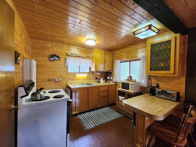 kitchen with wood walls, white appliances, wood ceiling, and a sink