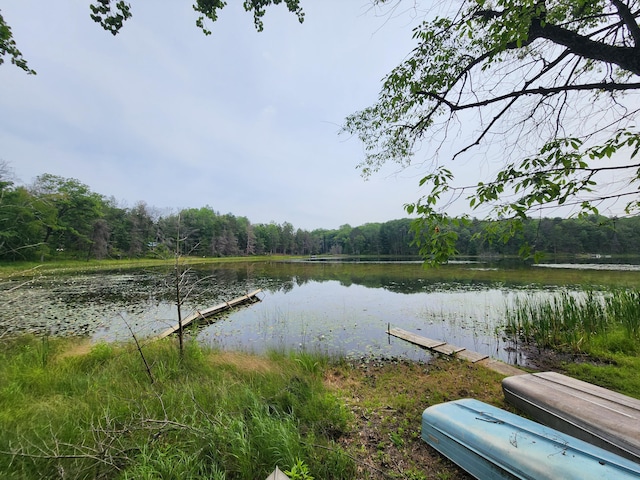 view of dock with a forest view and a water view