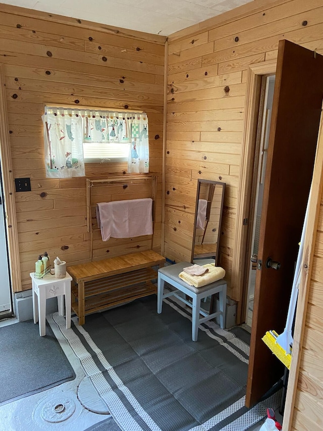 bathroom with wood walls