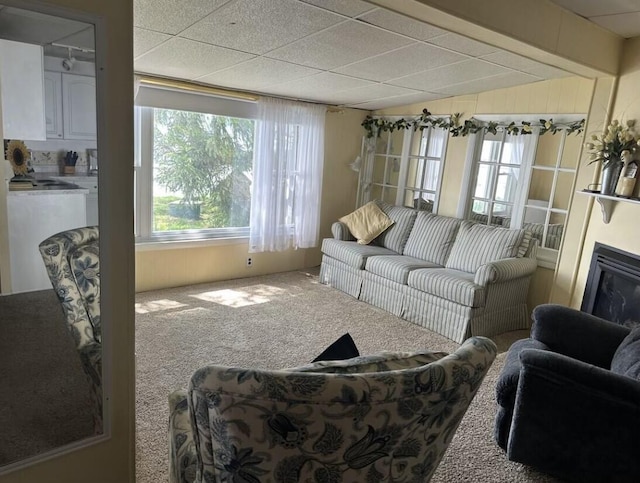 living area featuring carpet flooring and a glass covered fireplace