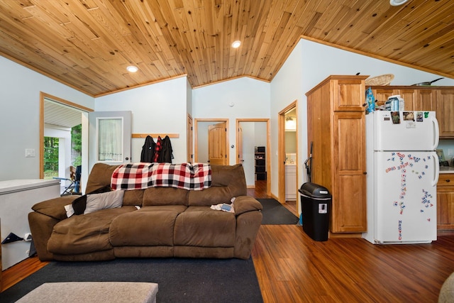 3551 W Otsego Lake Dr, Gaylord, MI 49735 - living area featuring recessed lighting, lofted ceiling, wood ceiling, and dark wood-style flooring