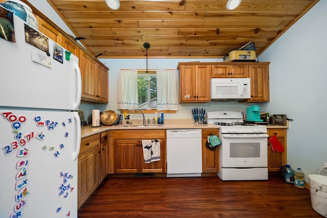 3551 W Otsego Lake Dr, Gaylord, MI 49735 - kitchen with white appliances, brown cabinets, wooden ceiling, and a sink