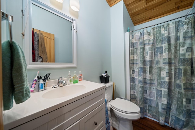 3551 W Otsego Lake Dr, Gaylord, MI 49735 - bathroom featuring toilet, wooden ceiling, a shower with curtain, wood finished floors, and vanity