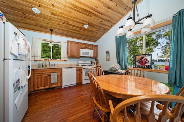 3551 W Otsego Lake Dr, Gaylord, MI 49735 - kitchen featuring white appliances, brown cabinetry, a sink, dark wood-type flooring, and wooden ceiling