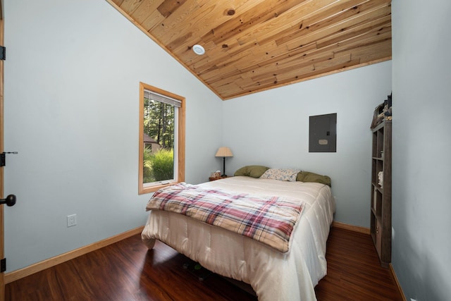 3551 W Otsego Lake Dr, Gaylord, MI 49735 - bedroom featuring electric panel, wood finished floors, wooden ceiling, and vaulted ceiling