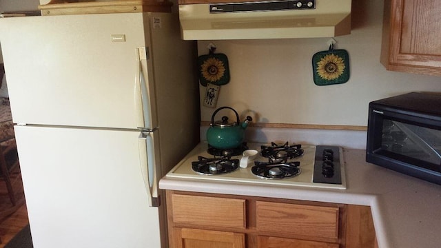 3551 W Otsego Lake Dr, Gaylord, MI 49735 - kitchen with under cabinet range hood, white appliances, and light countertops