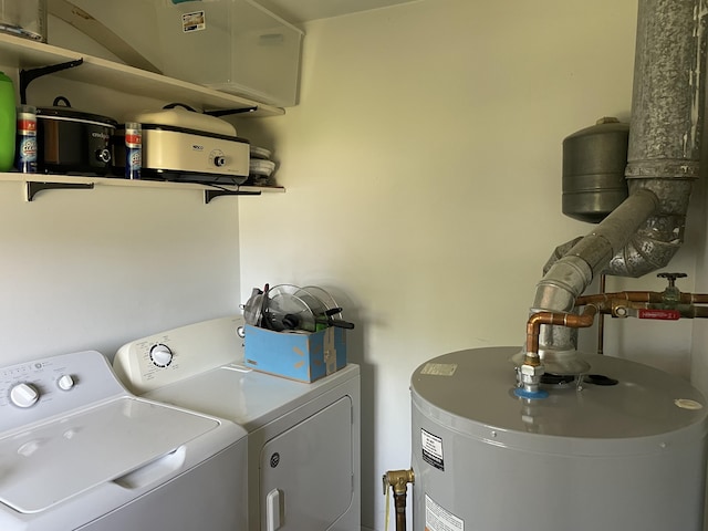 laundry room with washing machine and dryer, water heater, and laundry area