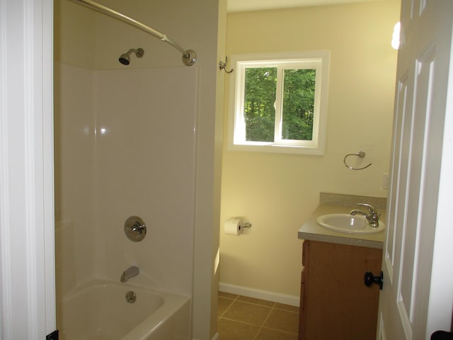 full bath featuring tile patterned floors, vanity, shower / bathtub combination, and baseboards