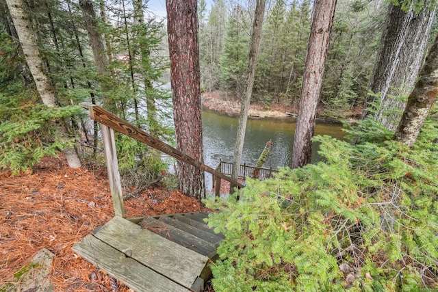 view of water feature with a forest view