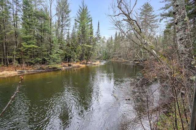 property view of water featuring a forest view