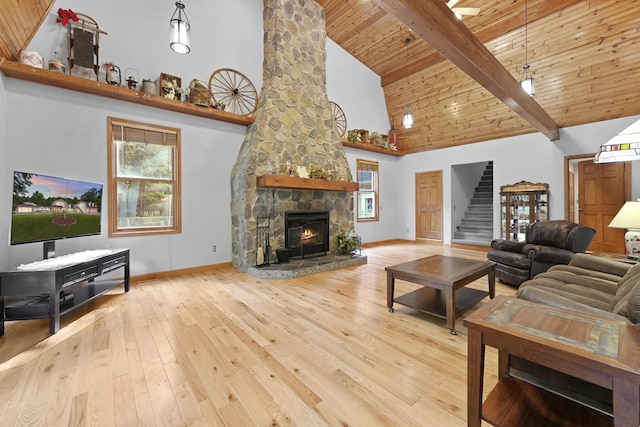 living room with a wealth of natural light, wooden ceiling, stairway, and wood-type flooring