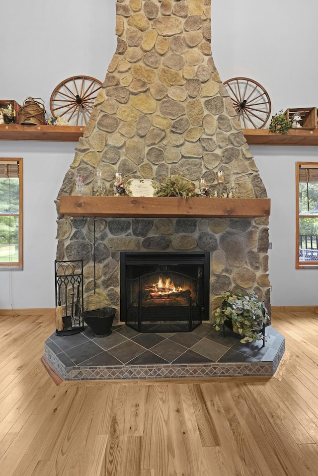 details featuring a stone fireplace and wood finished floors