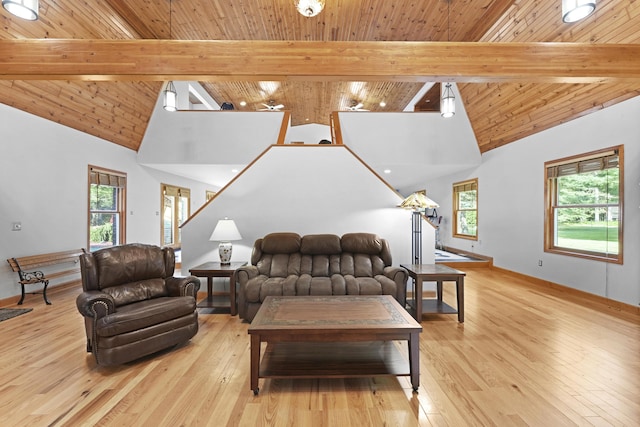 living room featuring baseboards, beam ceiling, wooden ceiling, hardwood / wood-style flooring, and high vaulted ceiling