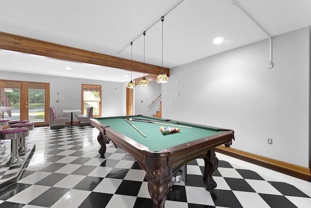 playroom featuring pool table, baseboards, recessed lighting, rail lighting, and tile patterned floors