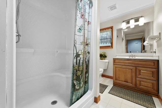 bathroom with visible vents, toilet, a stall shower, tile patterned floors, and vanity