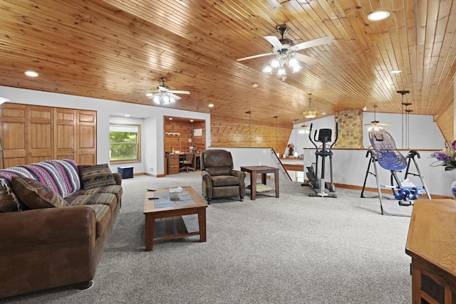 carpeted living area with recessed lighting, baseboards, lofted ceiling, and wood ceiling