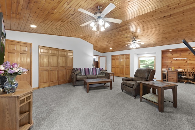 living area featuring ceiling fan, wooden ceiling, lofted ceiling, and carpet