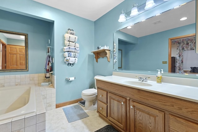 full bath featuring visible vents, baseboards, toilet, a bath, and vanity