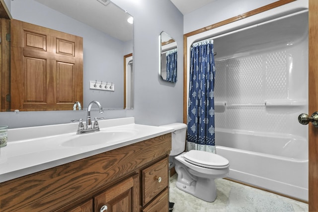 bathroom with shower / bath combination with curtain, toilet, and vanity