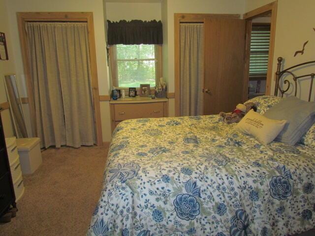 bedroom featuring light colored carpet and multiple closets