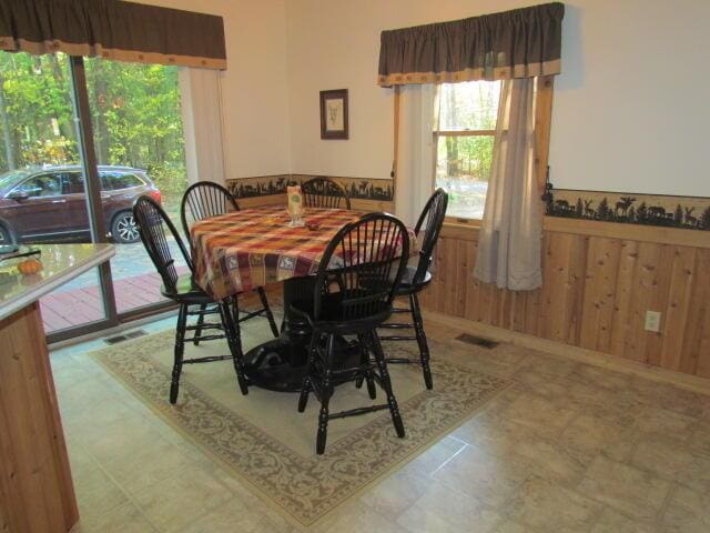 dining area featuring visible vents, wooden walls, and wainscoting