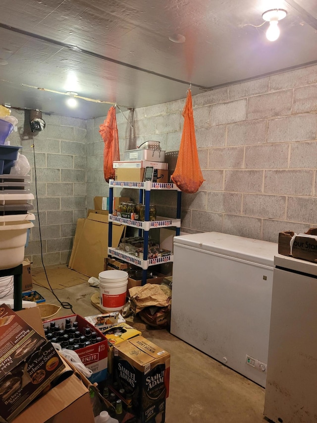 finished basement featuring white refrigerator