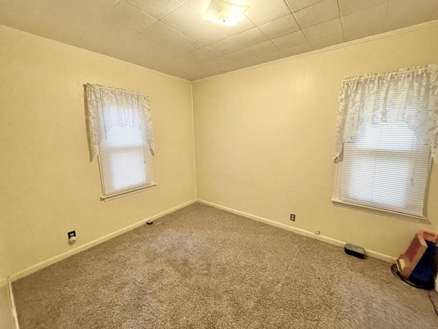 carpeted spare room with baseboards, plenty of natural light, and crown molding