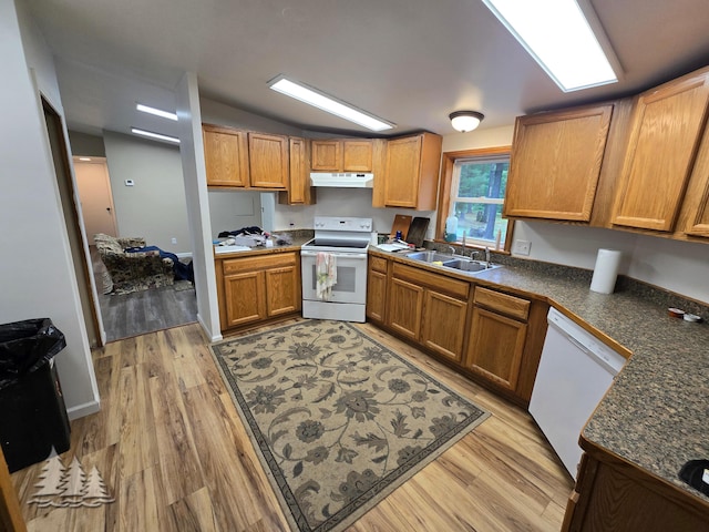 kitchen with under cabinet range hood, light wood finished floors, white appliances, and a sink